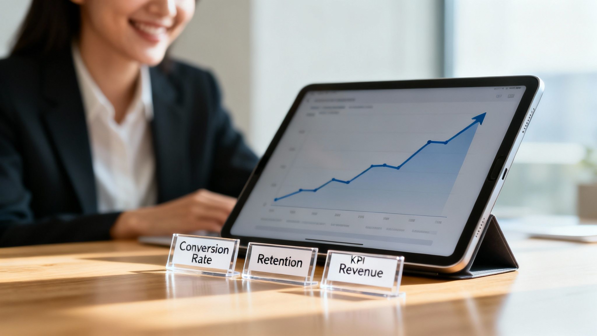 Smiling businesswoman analyzes a rising sales graph on a tablet, with KPI labels: Conversion Rate, Retention, Revenue.