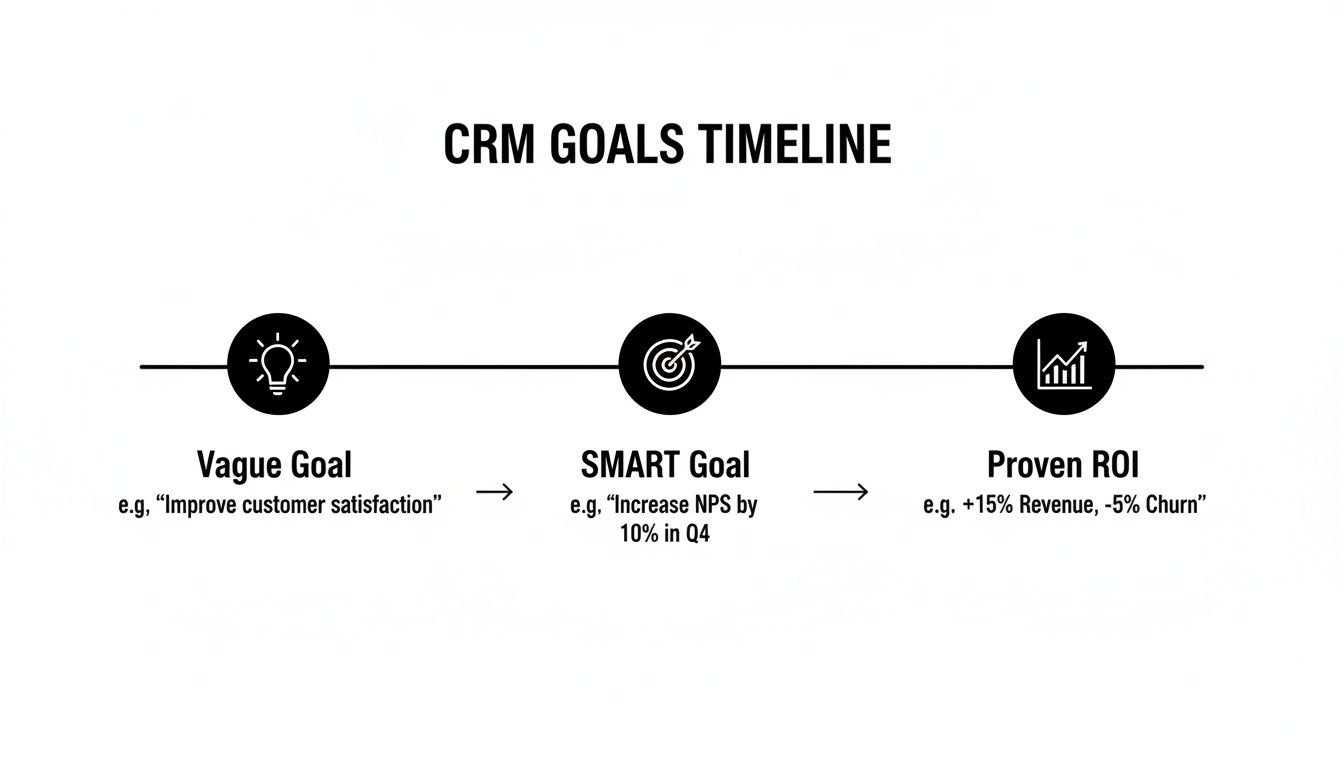 A timeline illustrating CRM goals evolving from vague ideas to SMART objectives and proven ROI.