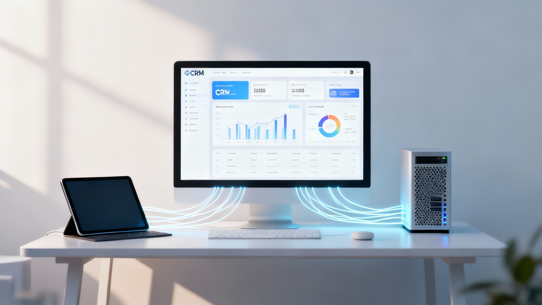 A well-lit modern workspace featuring a computer monitor displaying a CRM dashboard and a desktop PC.