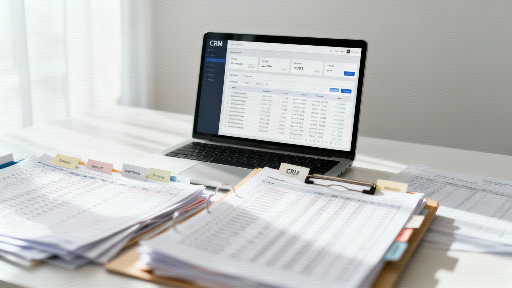 A laptop showing CRM software on a desk cluttered with stacks of papers and binders.