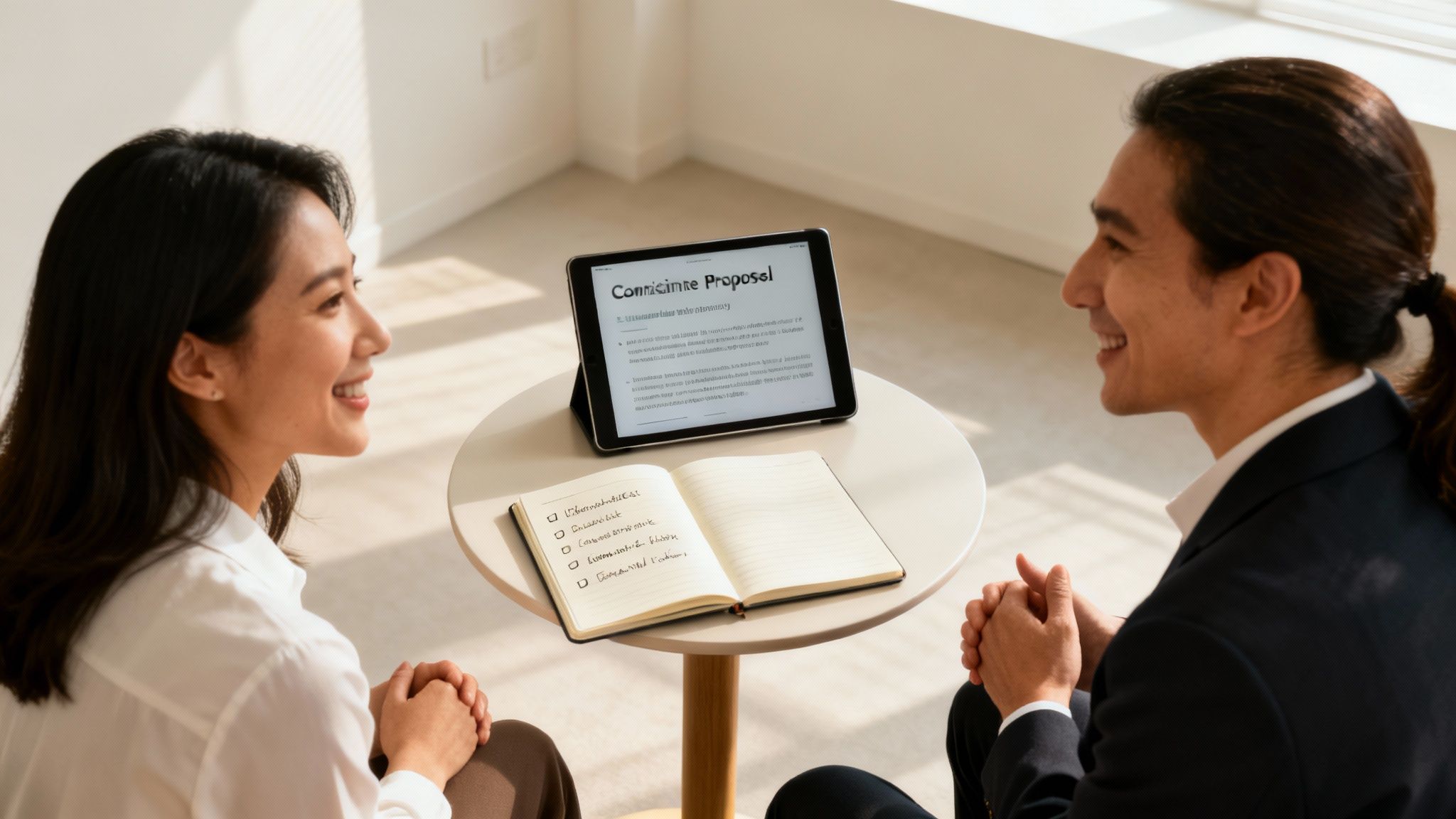 Smiling business professionals discuss a proposal on a tablet during a productive meeting.