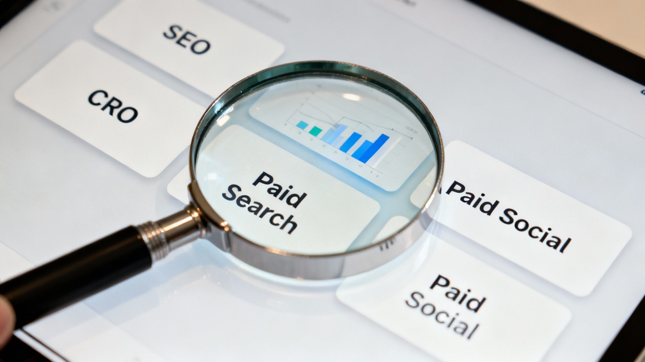 Magnifying glass analyzing digital marketing strategies on a tablet, focusing on Paid Search with a bar graph.