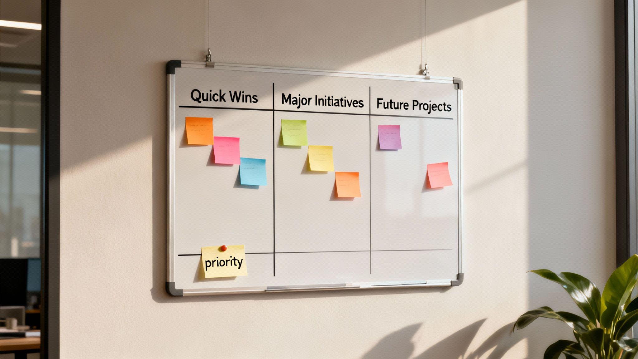 A whiteboard displaying quick wins, major initiatives, and future projects with colorful sticky notes.