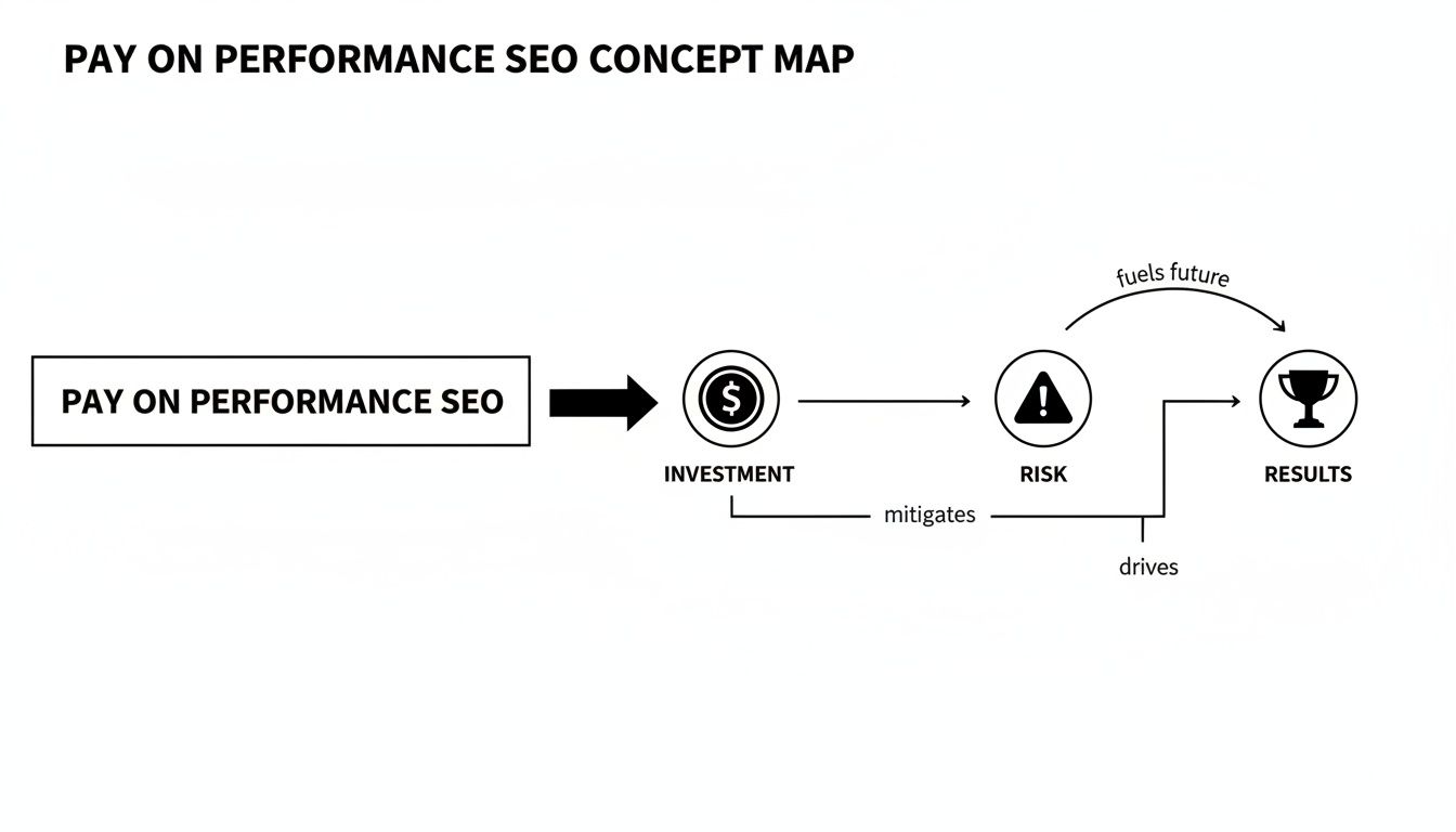 A concept map visualizing Pay on Performance SEO, showing investment, risk, and results relationships.