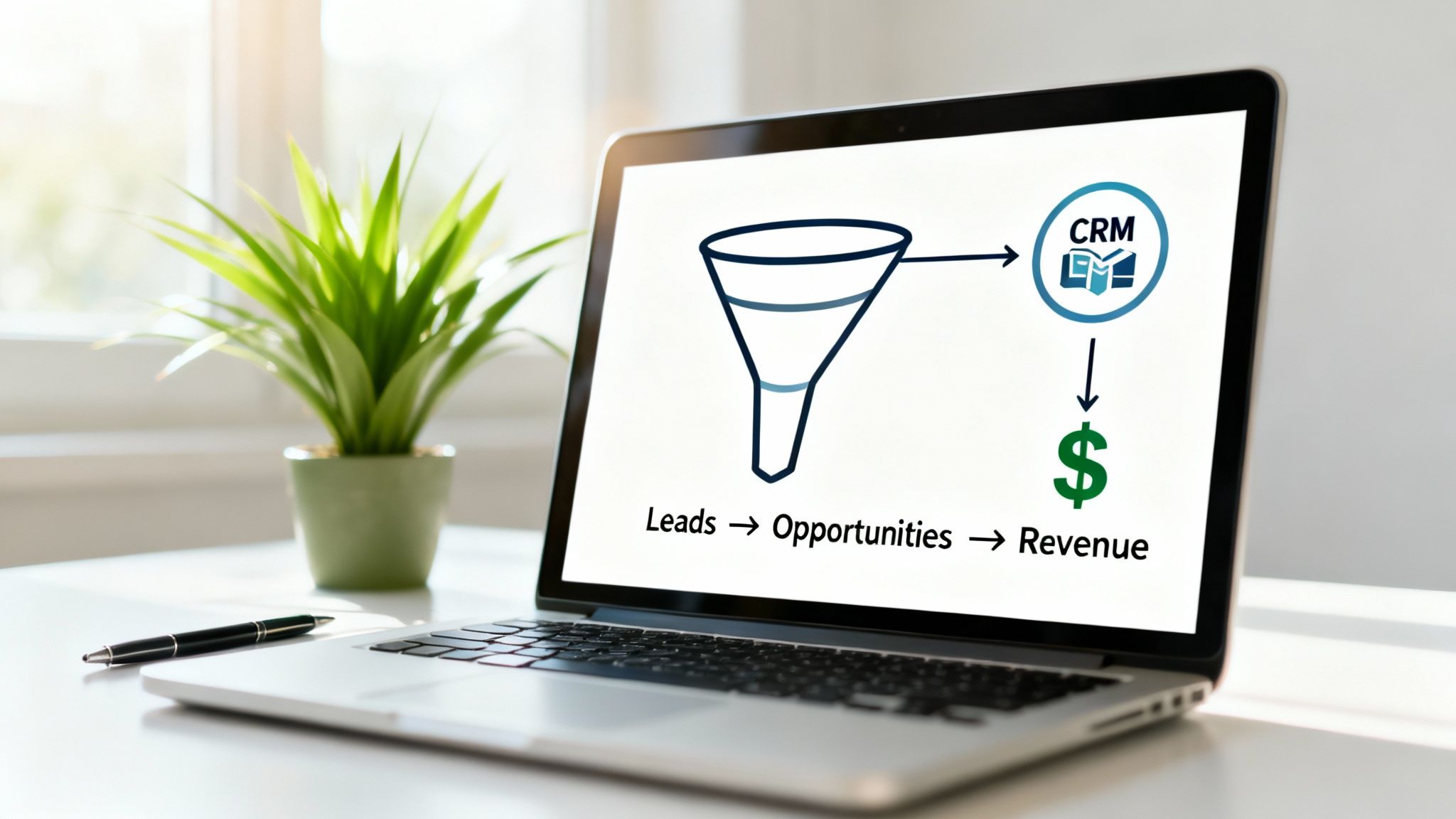 A laptop screen shows a sales funnel diagram illustrating leads, opportunities, CRM, and revenue generation.