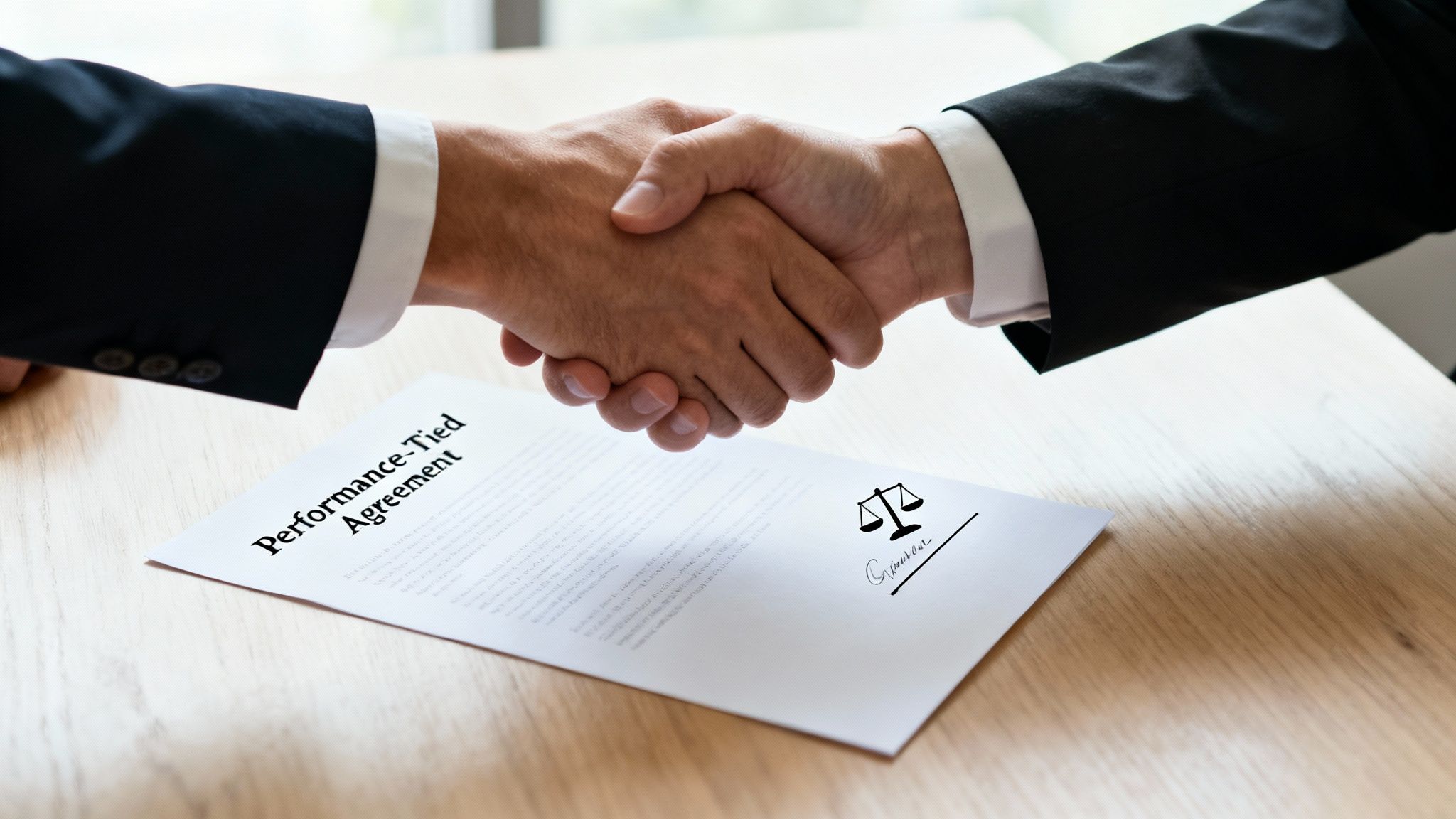 Two professionals in suits shake hands over a 'Performance-Tied Agreement' document with a scale of justice.