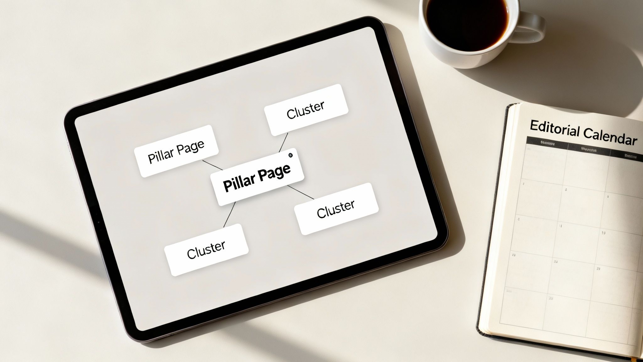 A tablet displays a content strategy map with a 'Pillar Page' central to 'Cluster' pages, next to an editorial calendar and a coffee cup.
