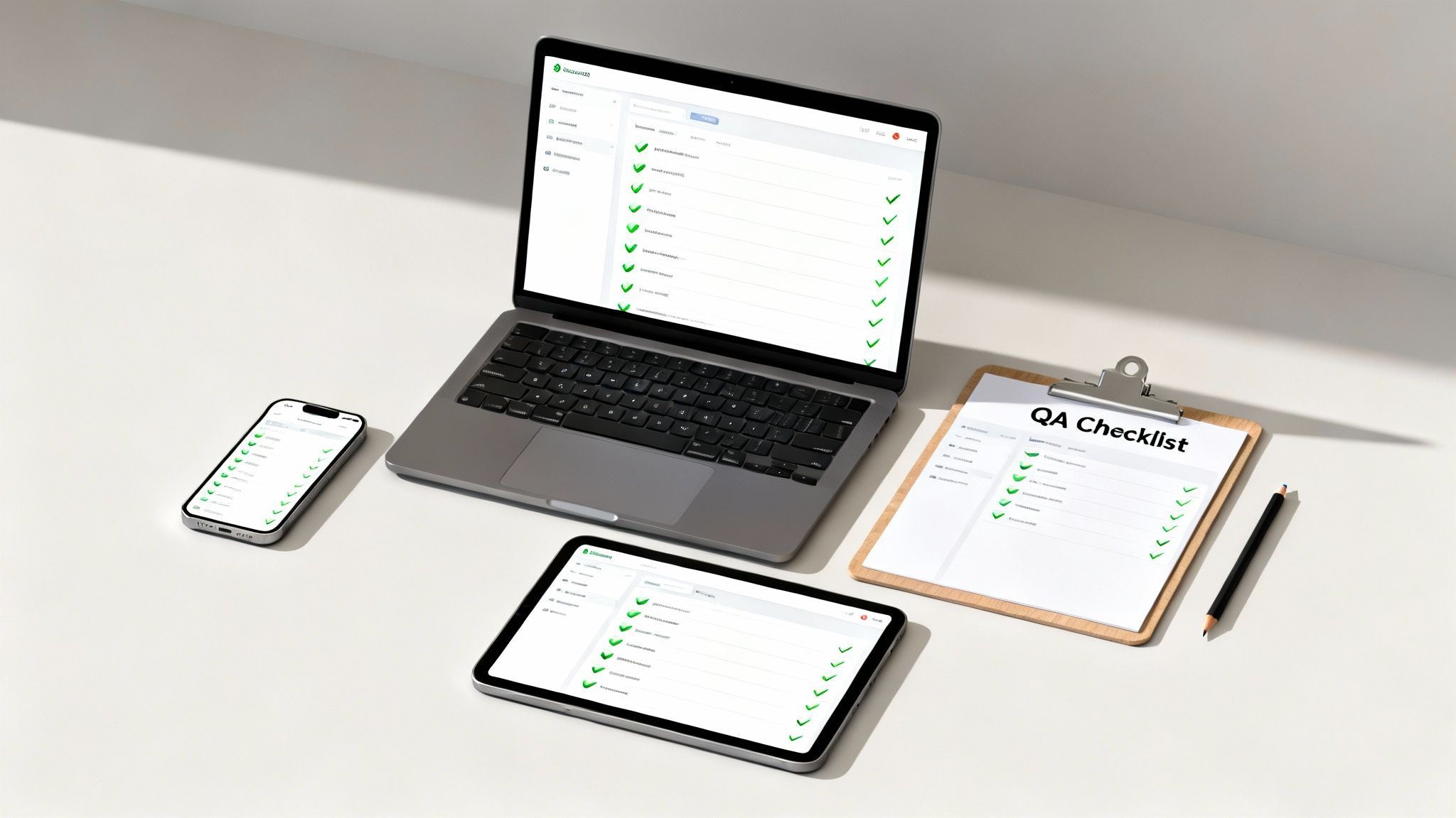 A digital checklist displayed on a laptop, tablet, and smartphone, alongside a physical QA checklist.