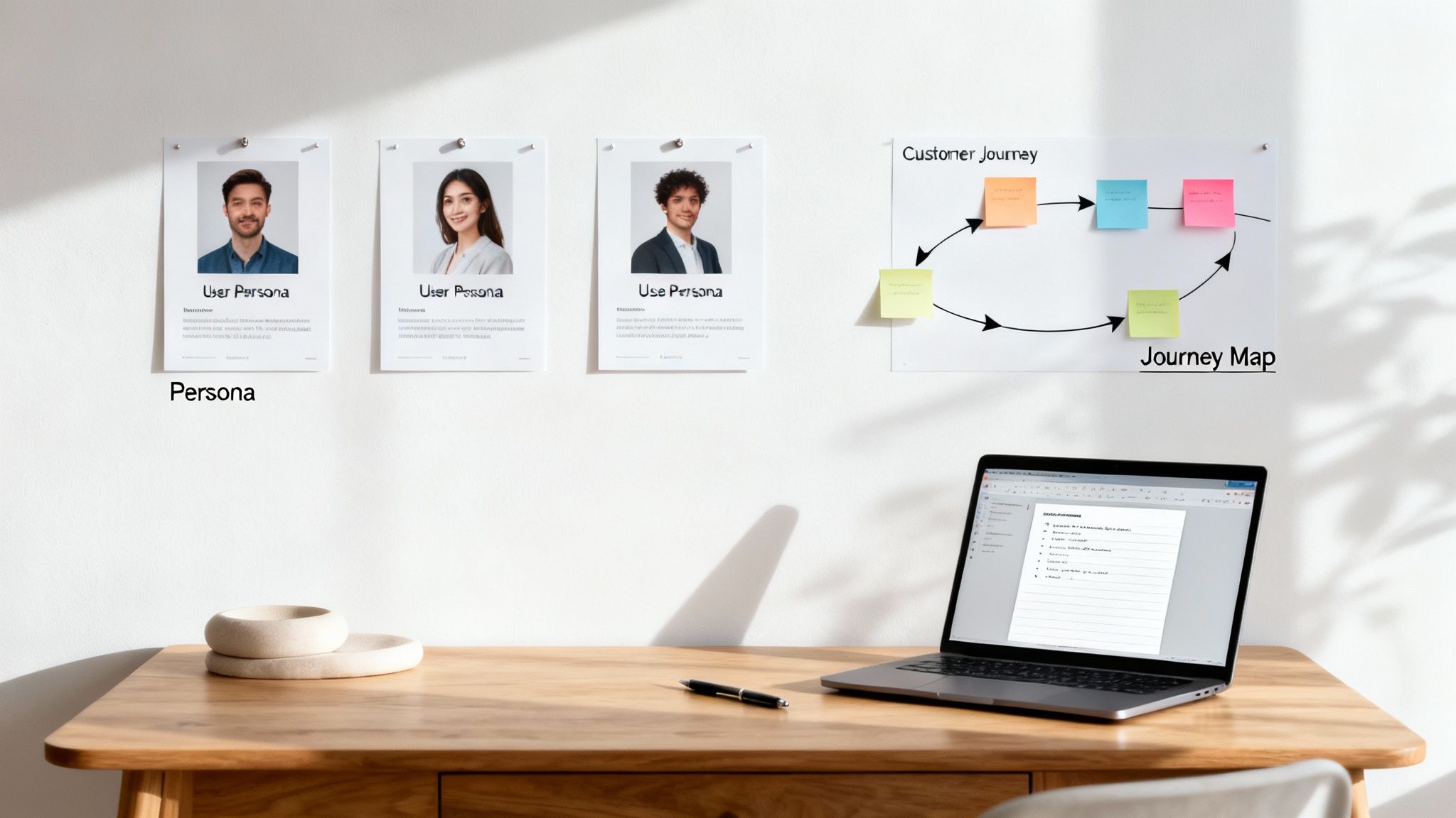 A modern workspace with a laptop, pen, and wall displays of user personas and a customer journey map.