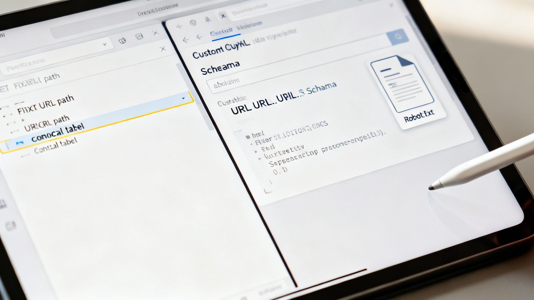 A tablet displays a website schema and file path navigation, with a stylus pointing at the screen.