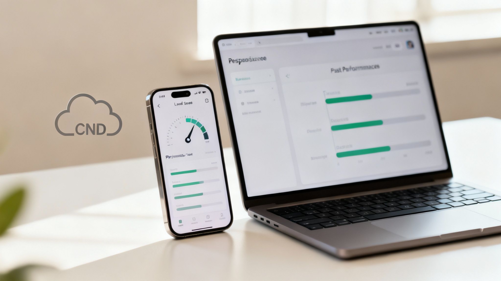 A smartphone shows a speed test app next to a laptop displaying a performance dashboard, featuring a CND cloud icon.