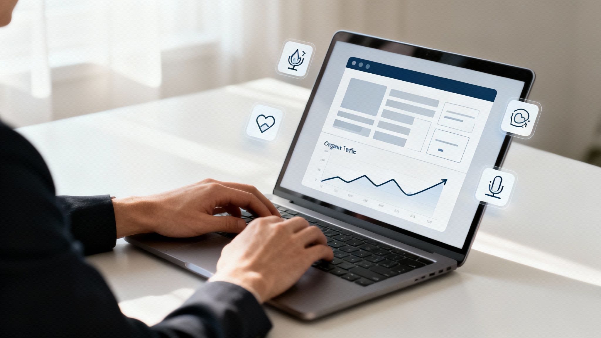 A person typing on a laptop displaying an 'Organic Traffic' graph and various digital marketing icons.