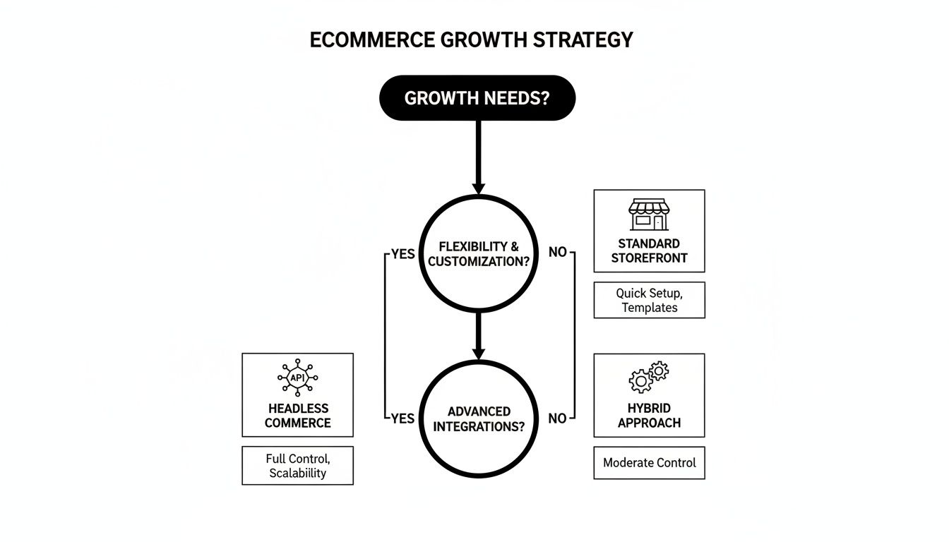 Flowchart illustrating an E-commerce growth strategy based on flexibility, customization, and integration needs.