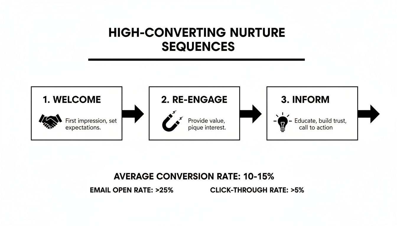Diagram outlining a three-step high-converting nurture sequence: Welcome, Re-engage, Inform, with key performance indicators.