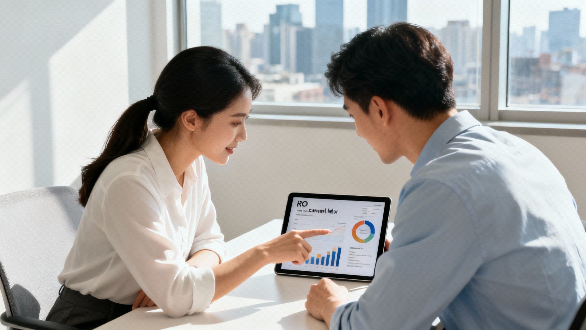 Two business professionals analyzing data on a tablet, collaborating in a bright office.