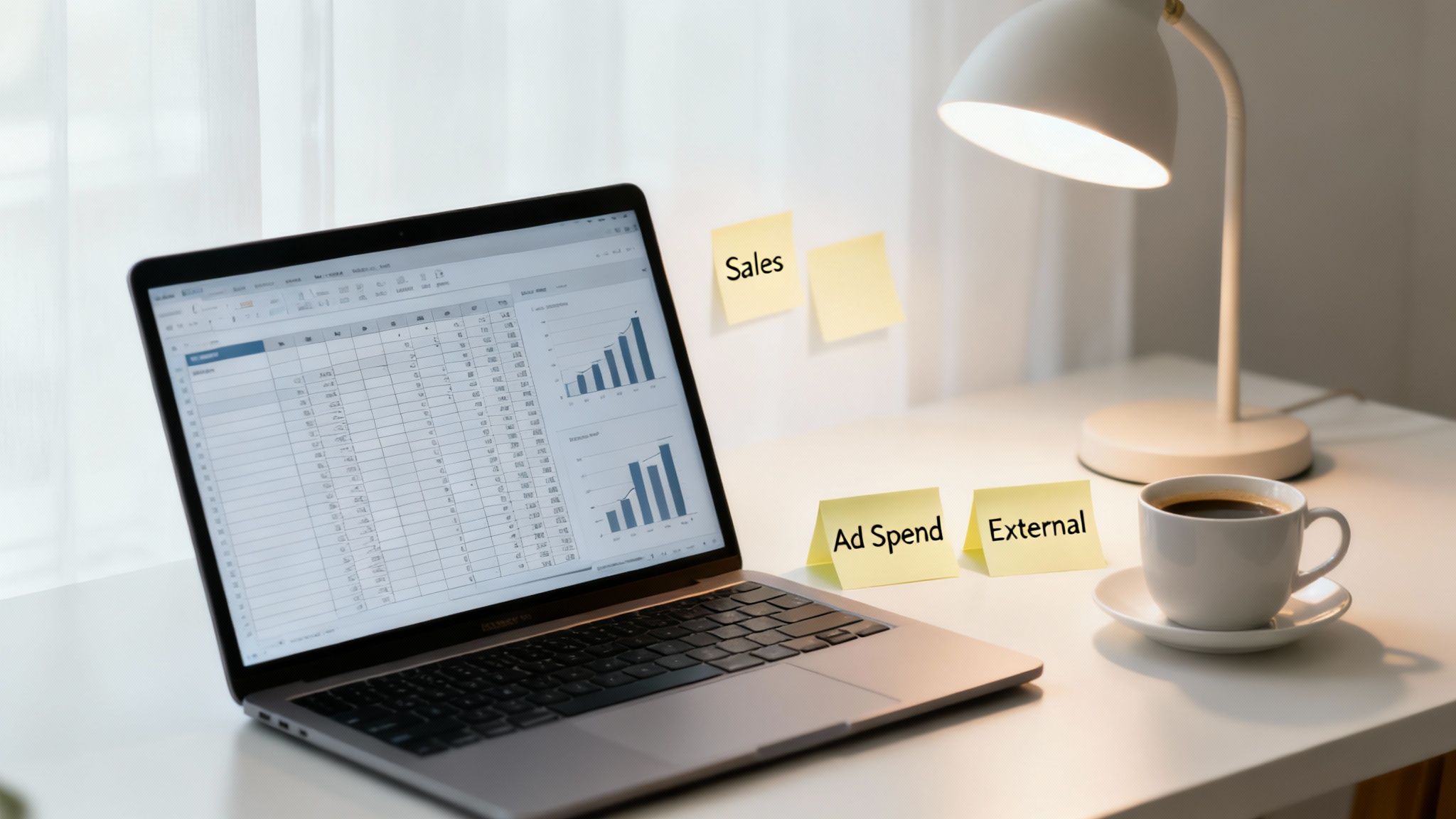 A laptop displaying a spreadsheet with charts on a white desk, with coffee and sticky notes.
