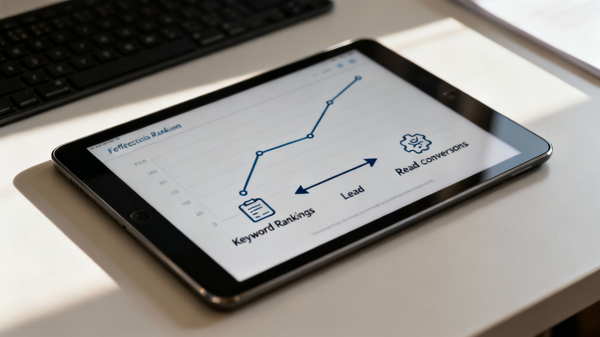 A tablet displays a blue line graph showing increasing SEO keyword rankings and conversions.