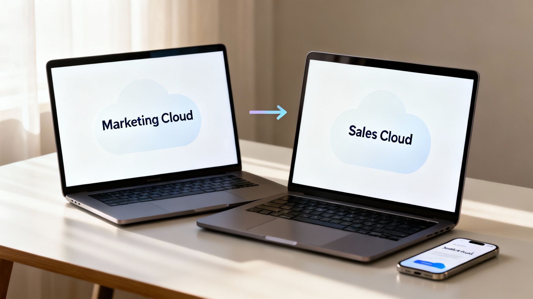 Laptops displaying 'Marketing Cloud' and 'Sales Cloud' with an arrow, symbolizing data integration.