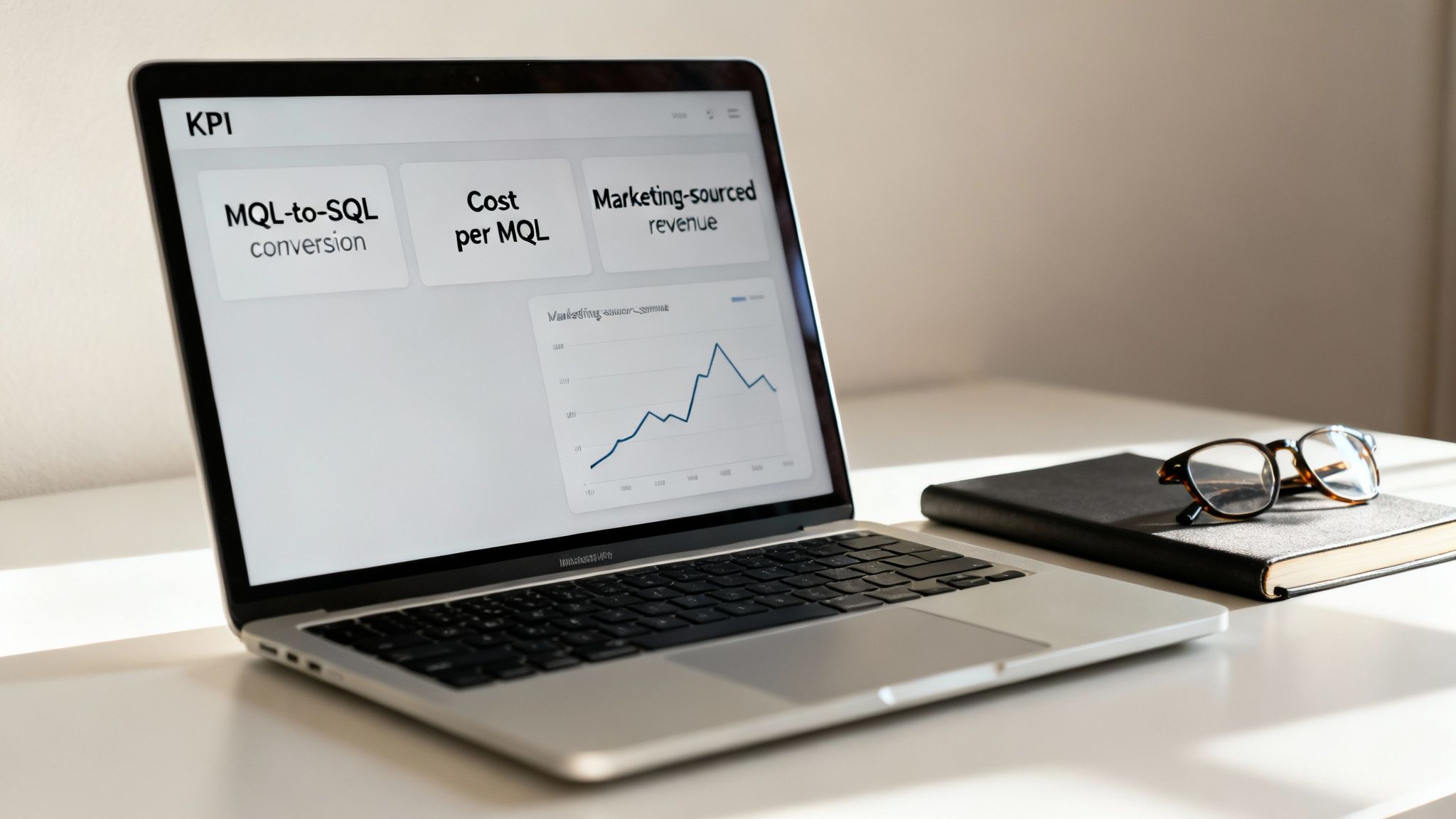 A laptop displaying a marketing KPI dashboard, with eyeglasses and a notebook on a desk.