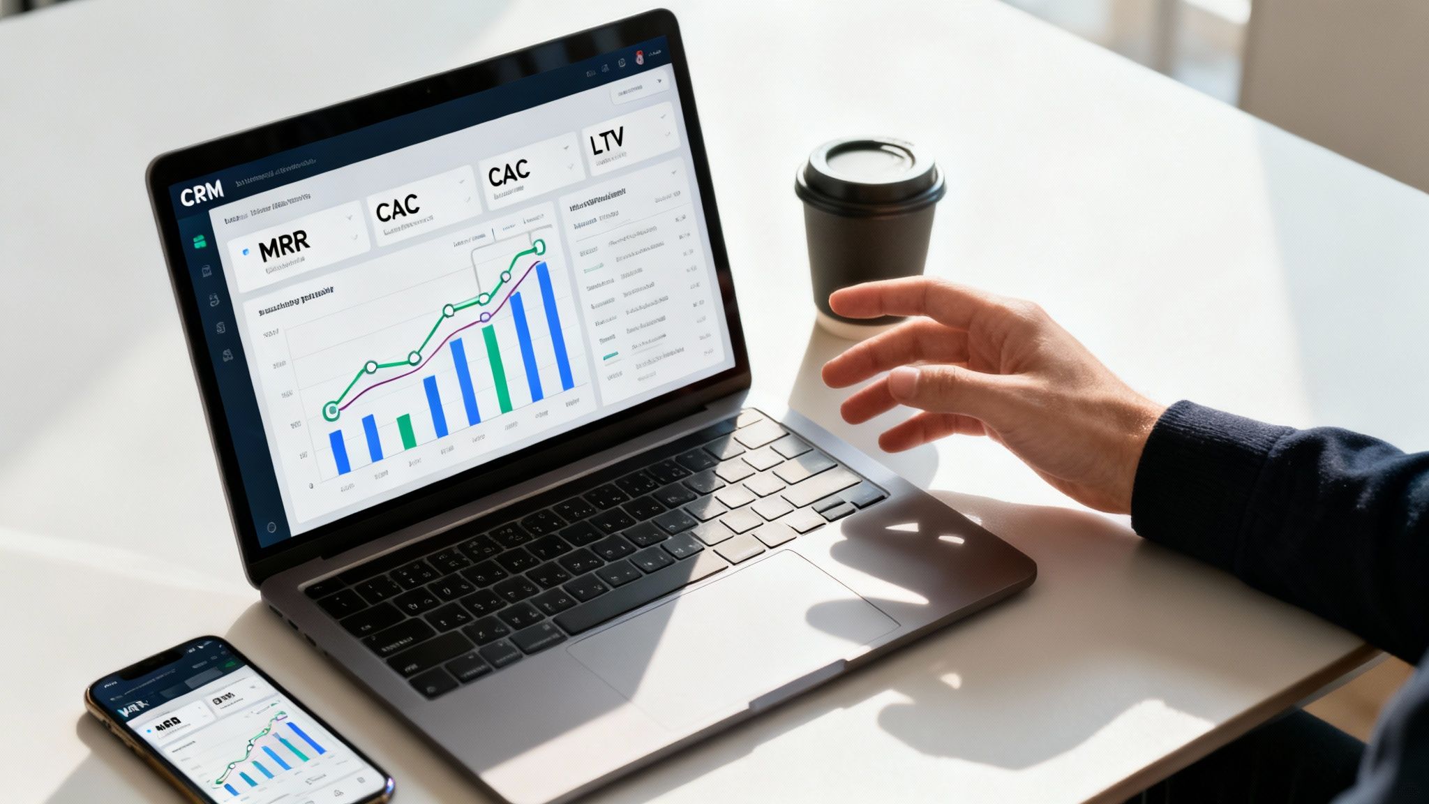 A person's hand is near a laptop displaying a CRM dashboard with sales and marketing analytics, alongside a smartphone.