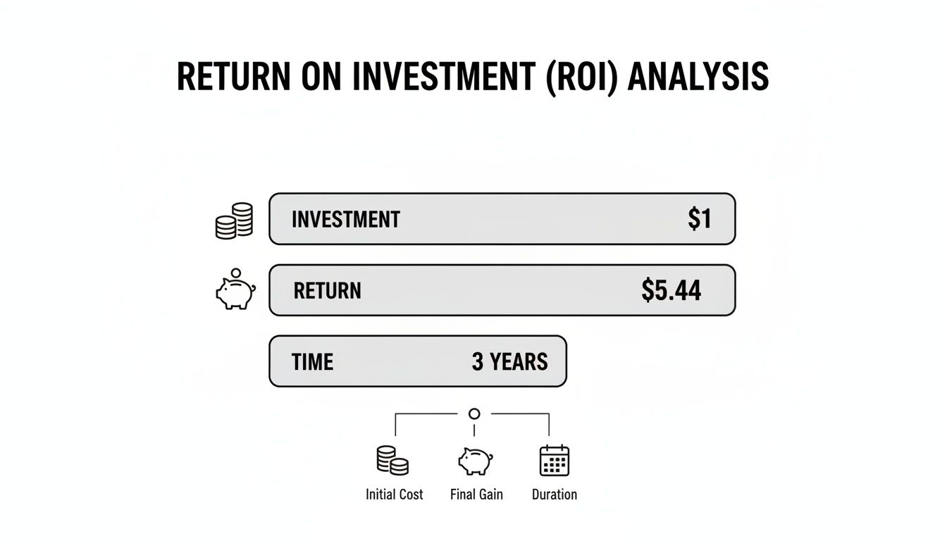 An ROI analysis graphic showing an initial investment of $1, a return of $5.44 over 3 years.