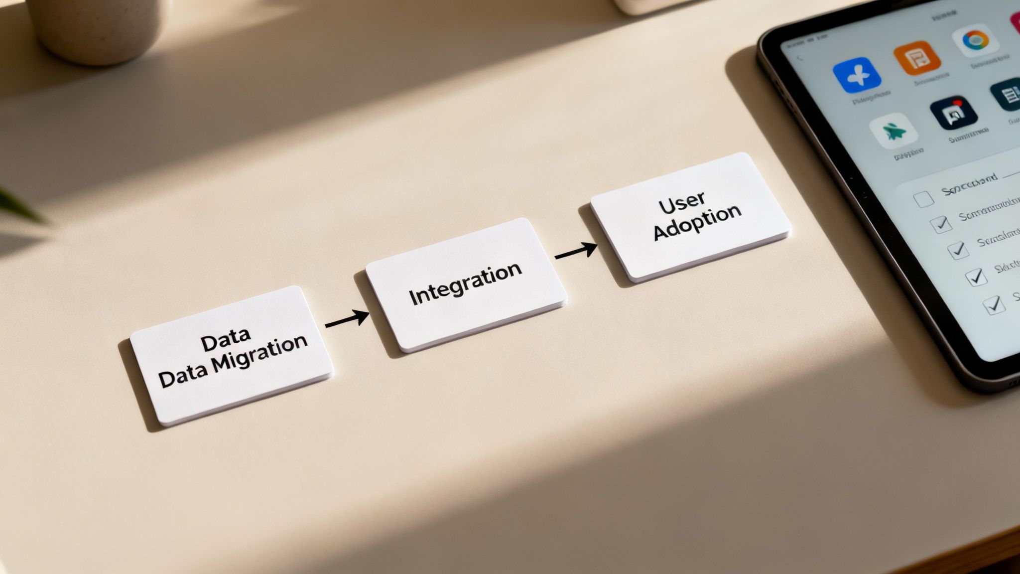 A visual representation of a business process flow with cards showing Data Migration, Integration, and User Adoption steps.