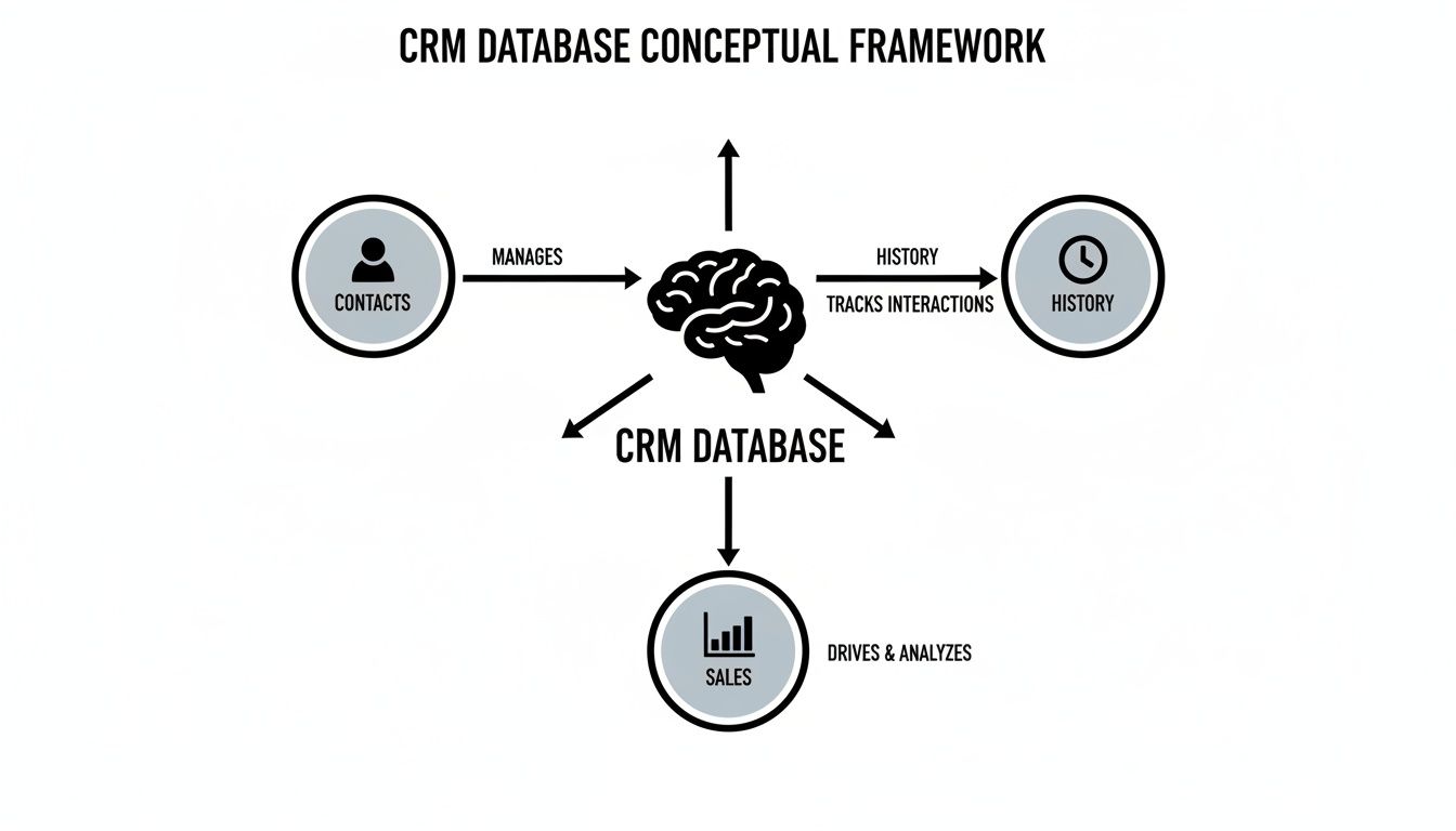 Conceptual framework of a CRM database showing its connections to contacts, history, and sales.