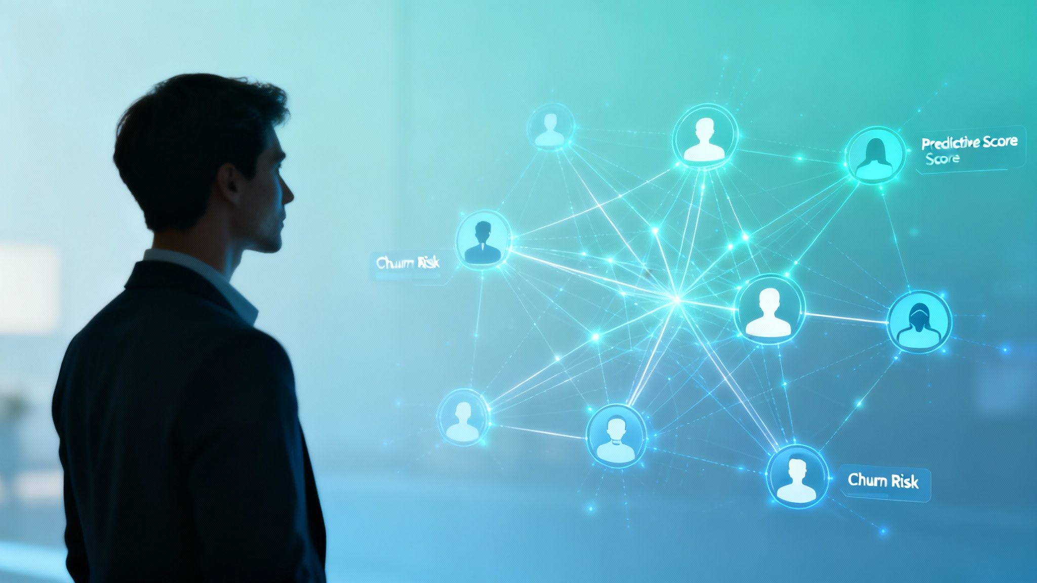A businessman views a digital display showing a customer network with 'Churn Risk' and 'Predictive Score'.