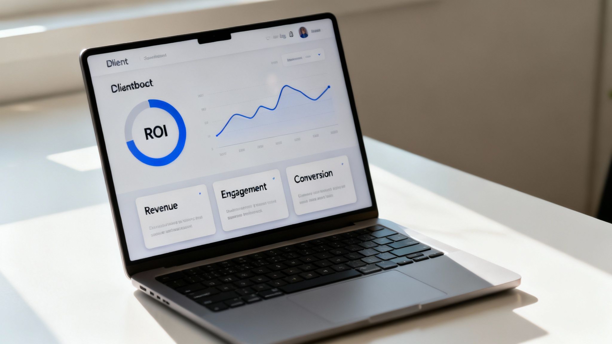 A laptop screen displays a business dashboard with ROI, revenue, engagement, and conversion metrics.