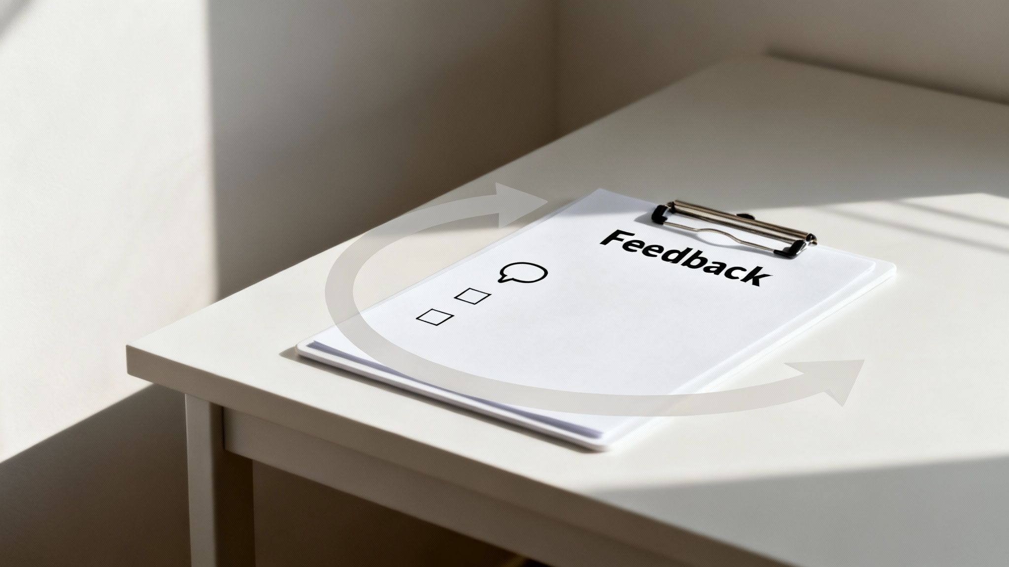 A clipboard with 'Feedback', checkboxes, and a speech bubble icon, surrounded by a circular arrow.