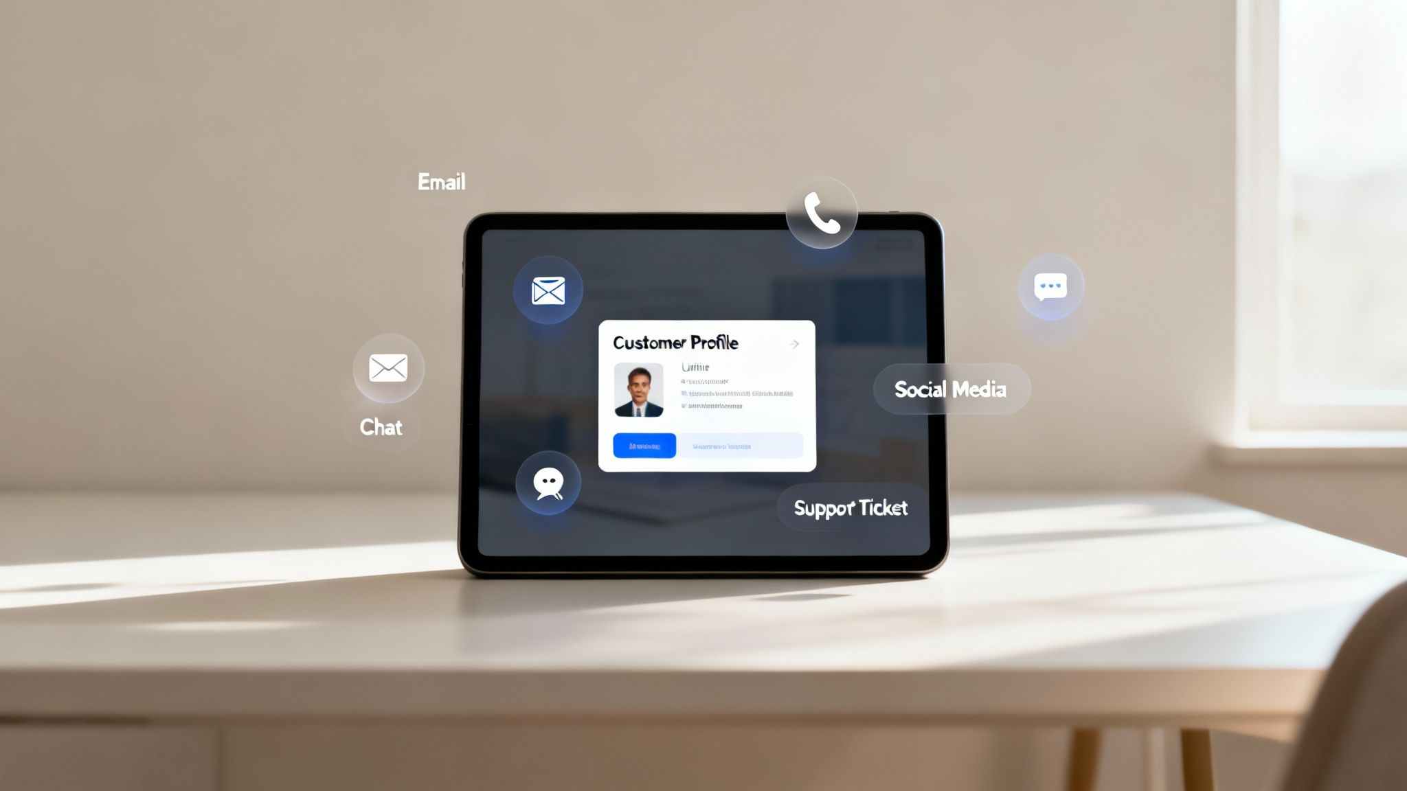 Tablet displaying a customer profile screen with icons for email, chat, phone, social media, and support.
