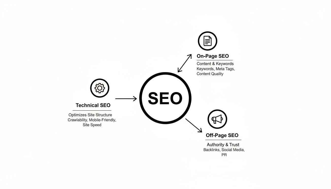 Diagram illustrating the three core components of SEO: Technical, On-Page, and Off-Page SEO with key elements.