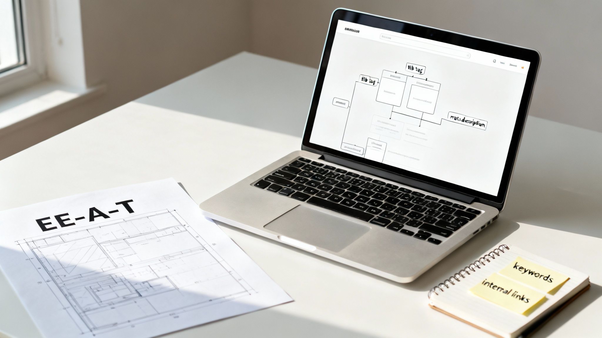 Laptop with an SEO diagram, E-E-A-T document, and a notebook with SEO terms on a white desk.