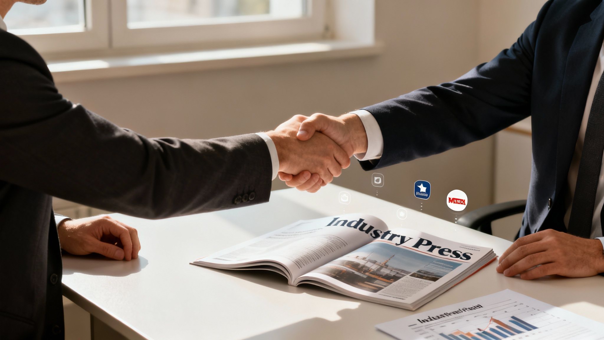 Two businessmen in suits shaking hands over a desk with a magazine and digital icons.