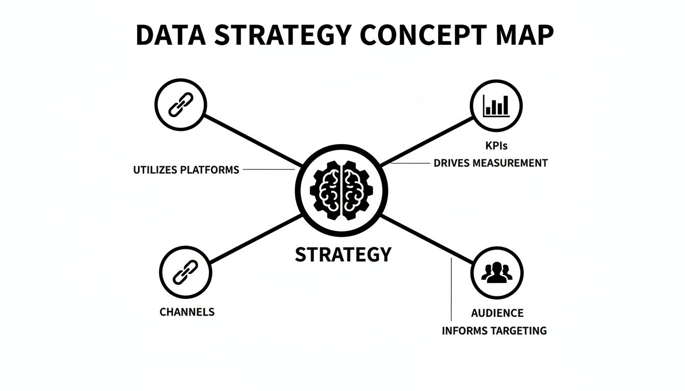 A data strategy concept map illustrating strategy linked to platforms, KPIs, audience, and channels with descriptions.