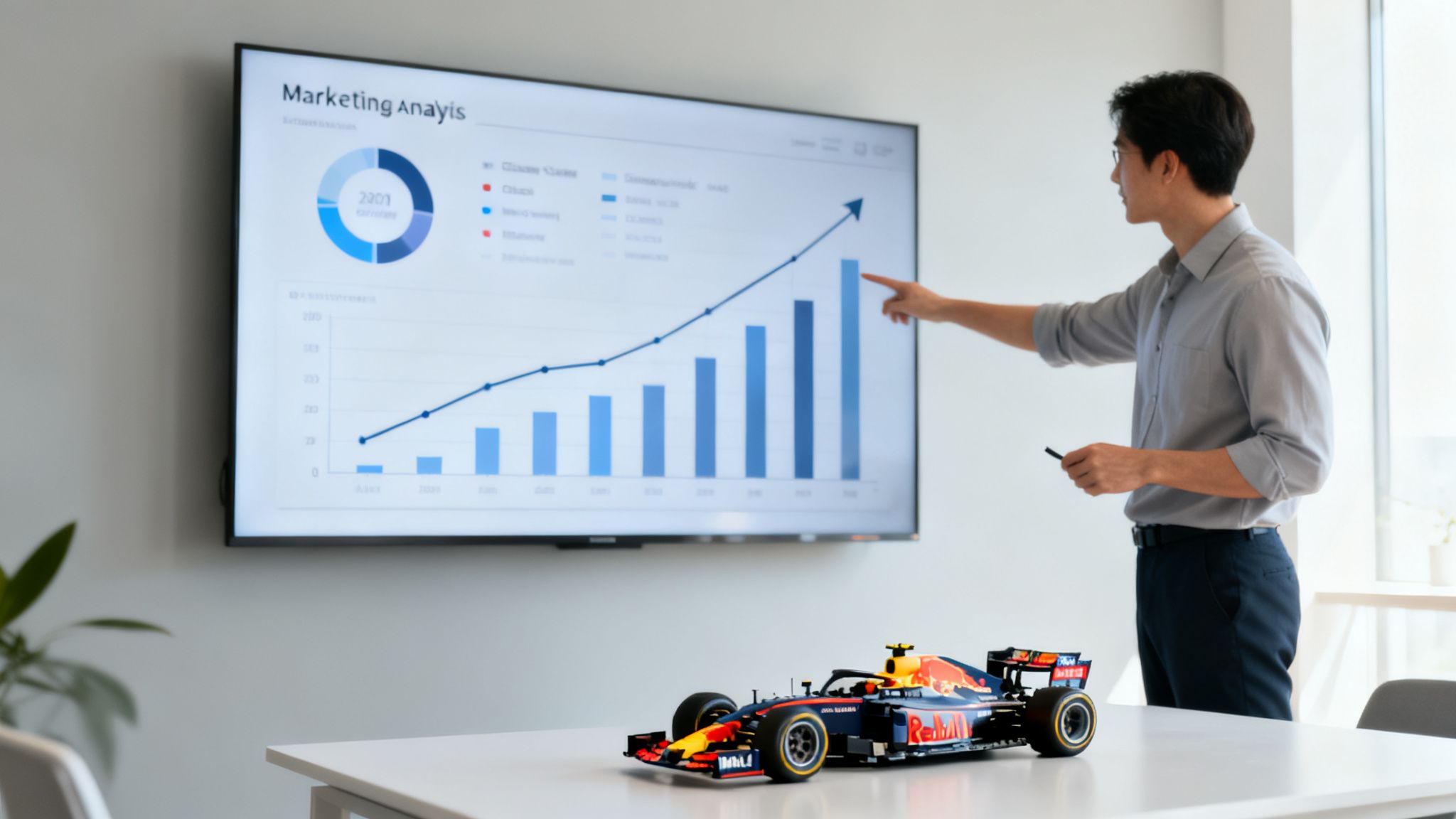 A man presents marketing analysis charts on a large screen, with a Red Bull F1 car model on a table.