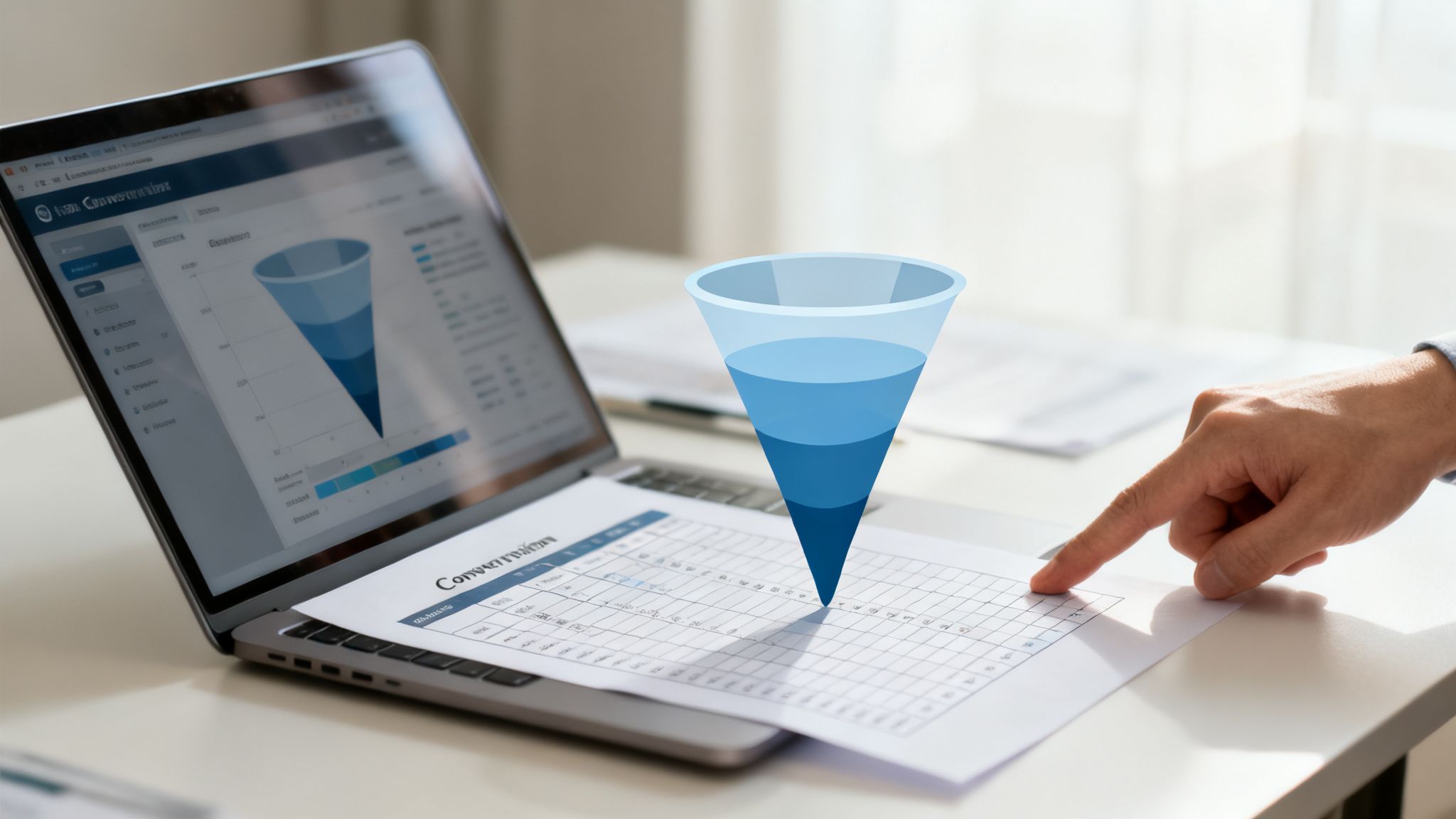 A person's hand points to a conversion funnel analysis on a document beside a laptop.