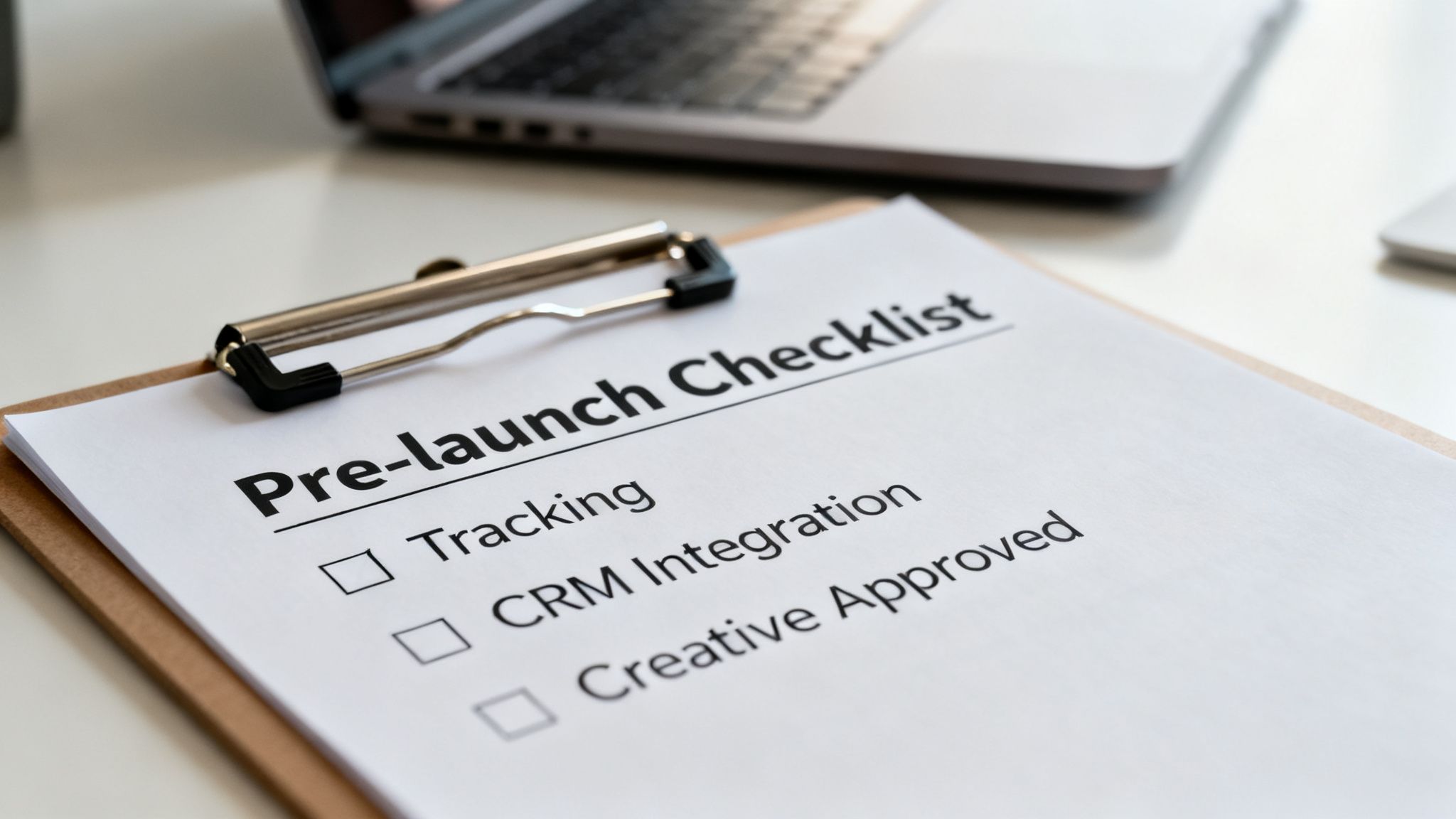 Close-up of a 'Pre-launch Checklist' on a clipboard with tasks like 'Tracking' and 'CRM Integration'.