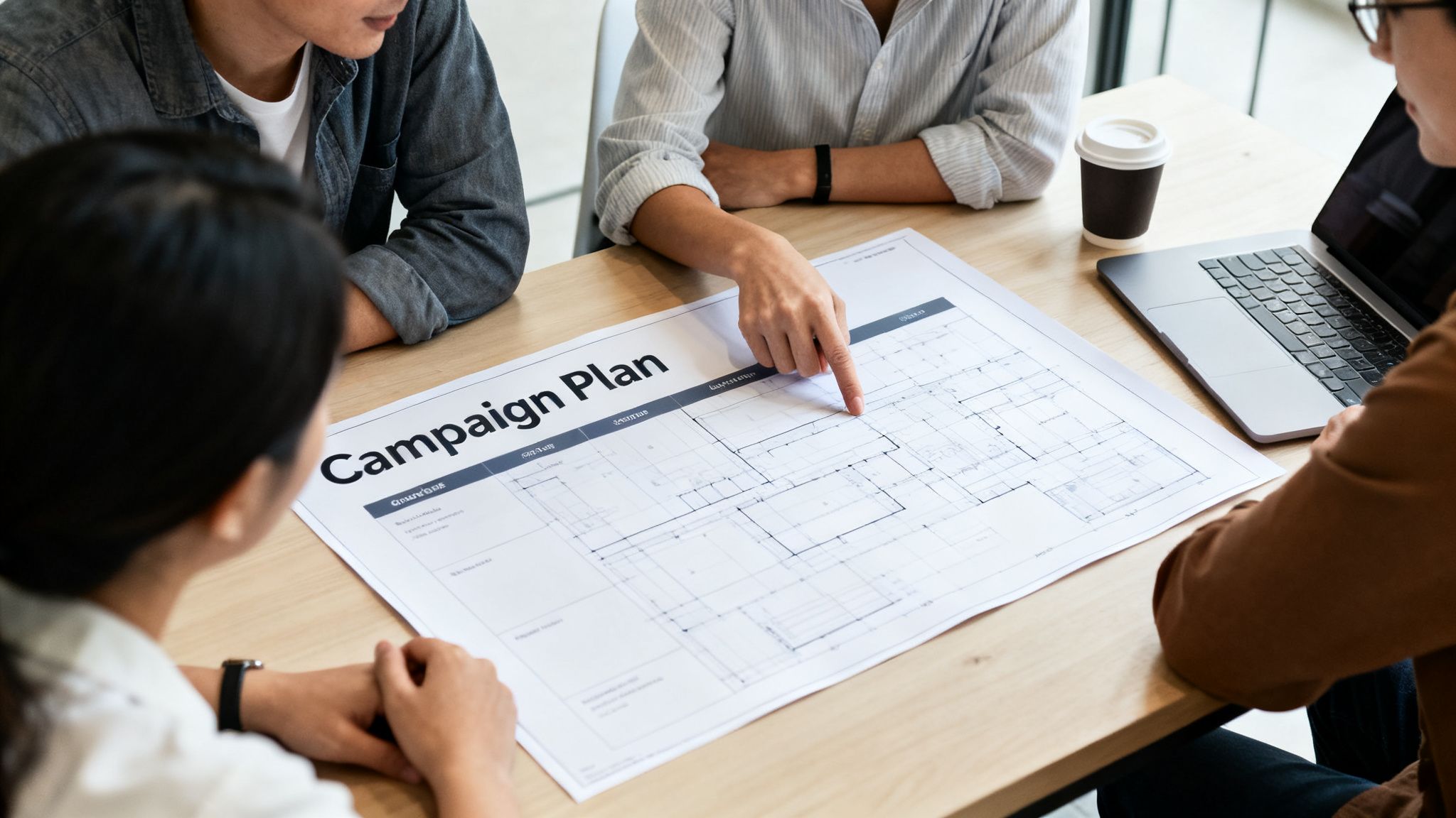 Professionals reviewing a 'Campaign Plan' document, collaborating on strategies during a marketing meeting.