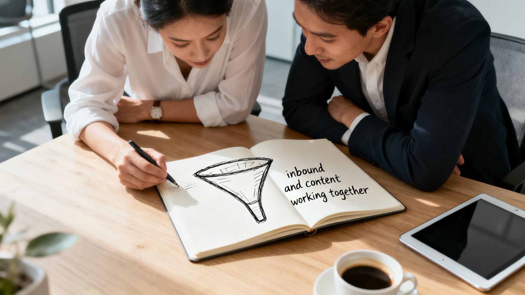 Two professionals collaborate on inbound and content marketing, drawing a funnel in a notebook on a wooden table.