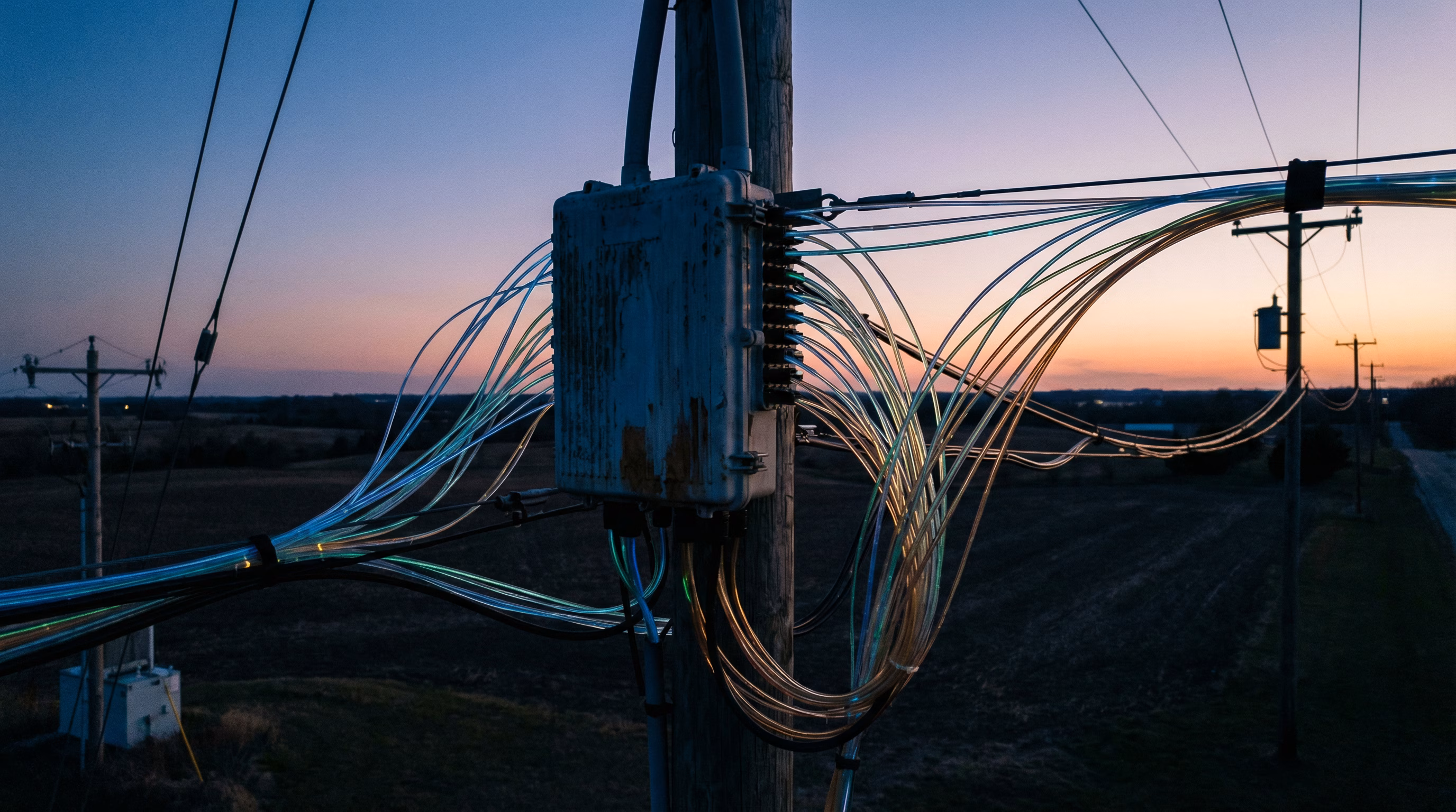Utility pole at dusk with multiple fiber optic cables bundled and fanning out from a junction box.