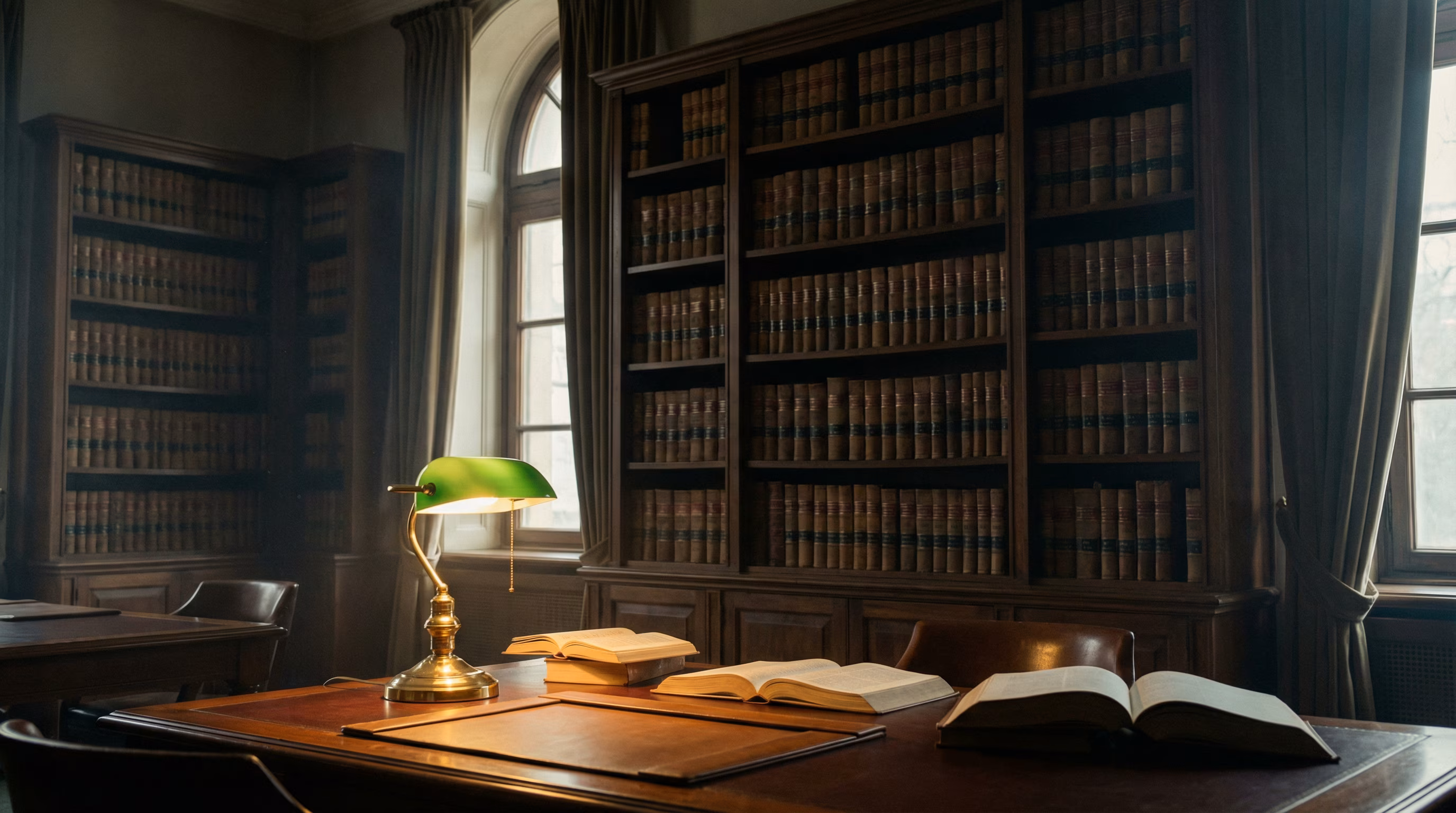 A wooden desk with open books and a green banker's lamp sits in front of floor-to-ceiling bookshelves filled with legal volumes.