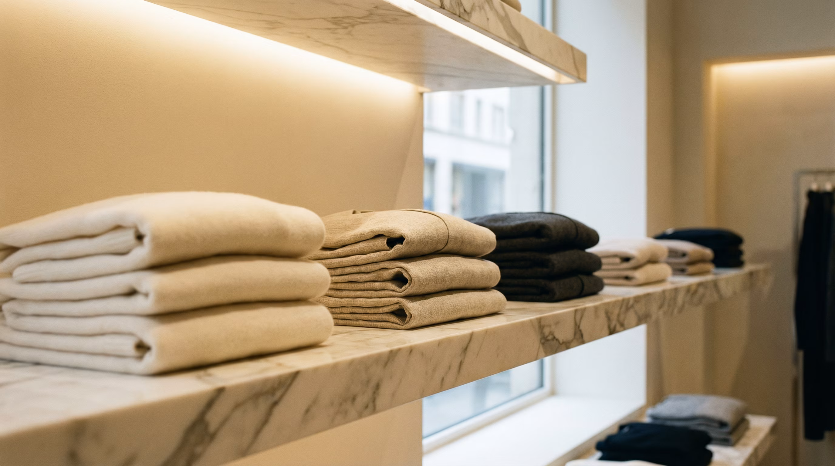Neatly folded garments in neutral and dark tones stacked on illuminated marble shelves in a retail boutique.