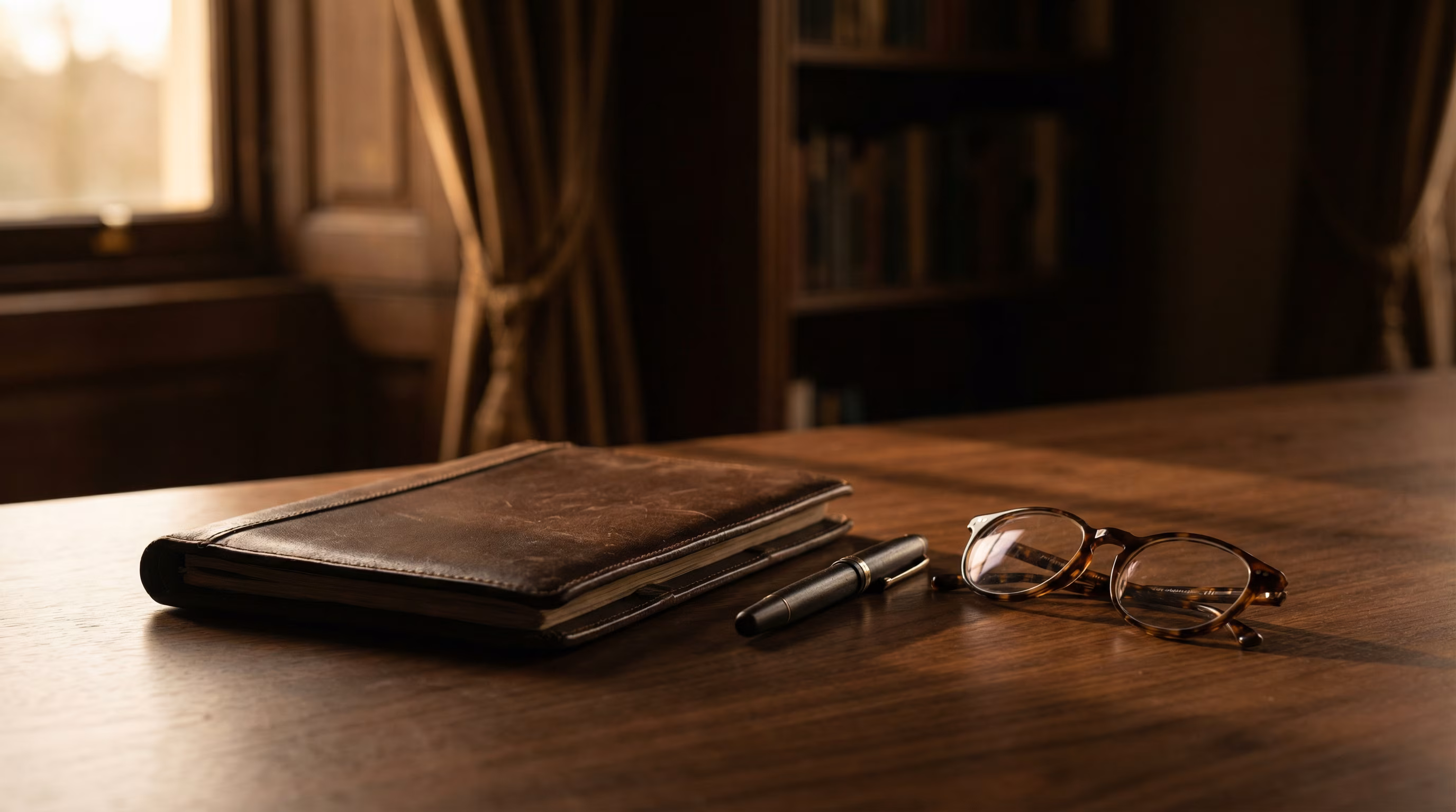 A leather-bound notebook, pen, and reading glasses resting on a dark wooden desk in a warmly lit study.