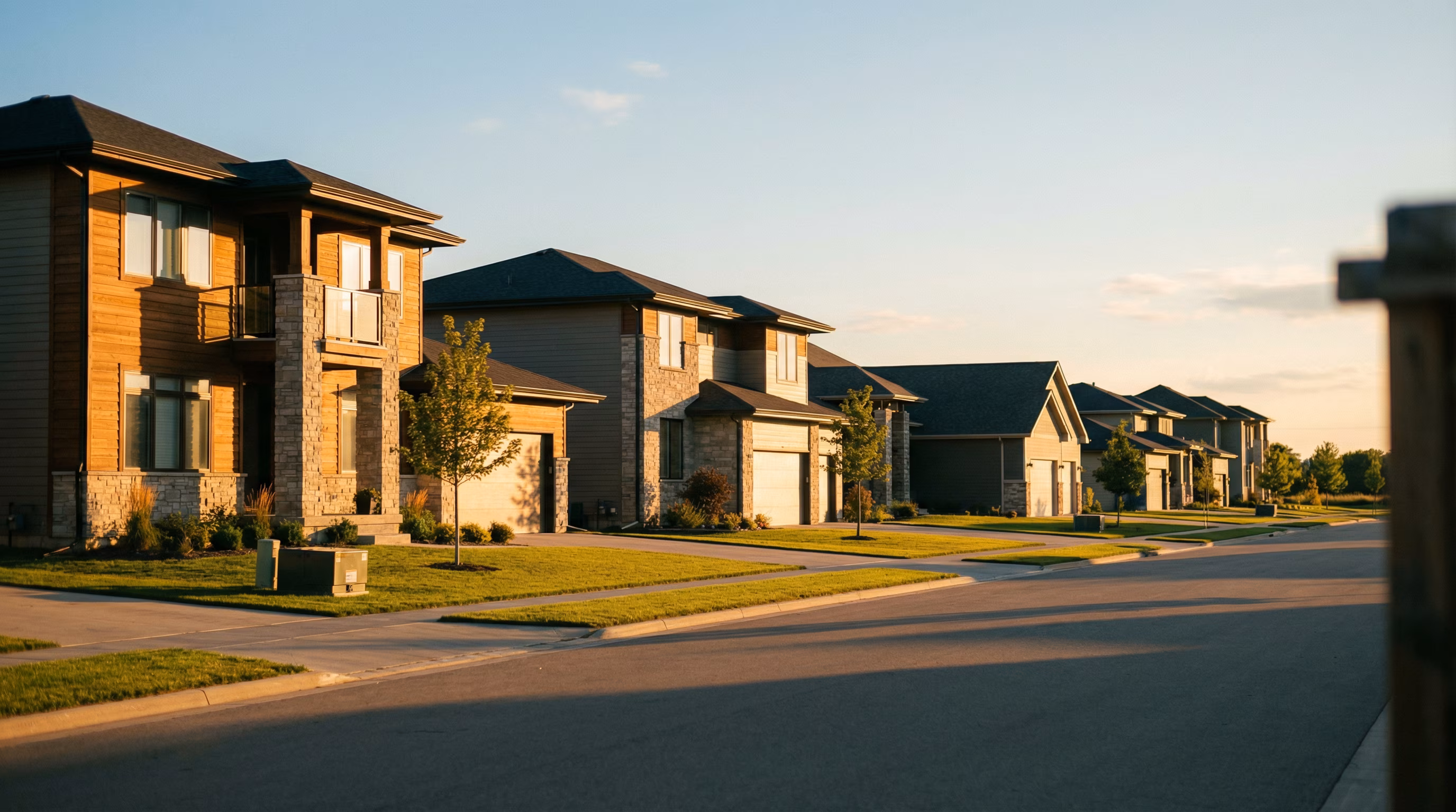 A row of two-story suburban homes with stone and wood siding lining a quiet residential street at golden hour.