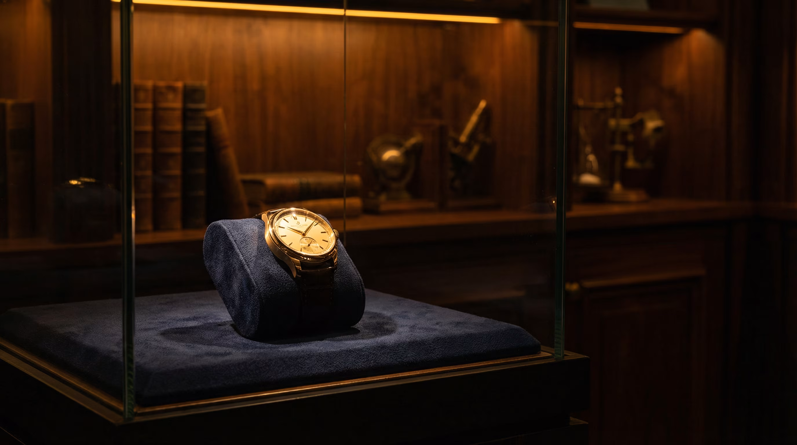 Gold wristwatch displayed on a blue velvet cushion inside a glass showcase.