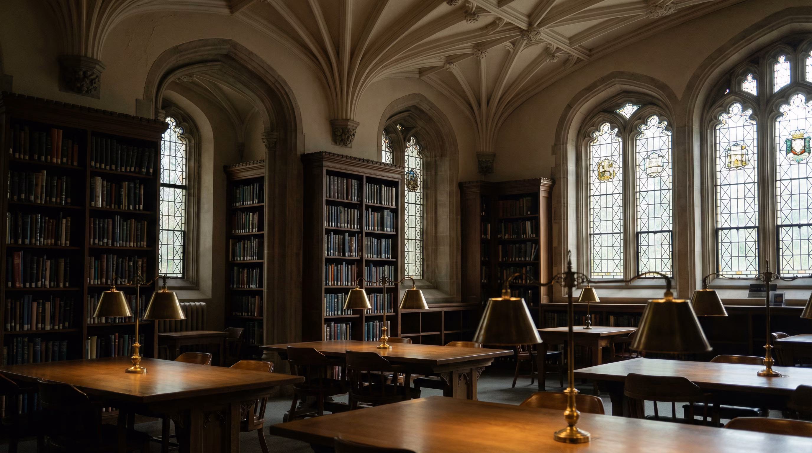 A grand university reading room with vaulted Gothic ceilings, tall stained-glass windows, bookshelves, and brass desk lamps.