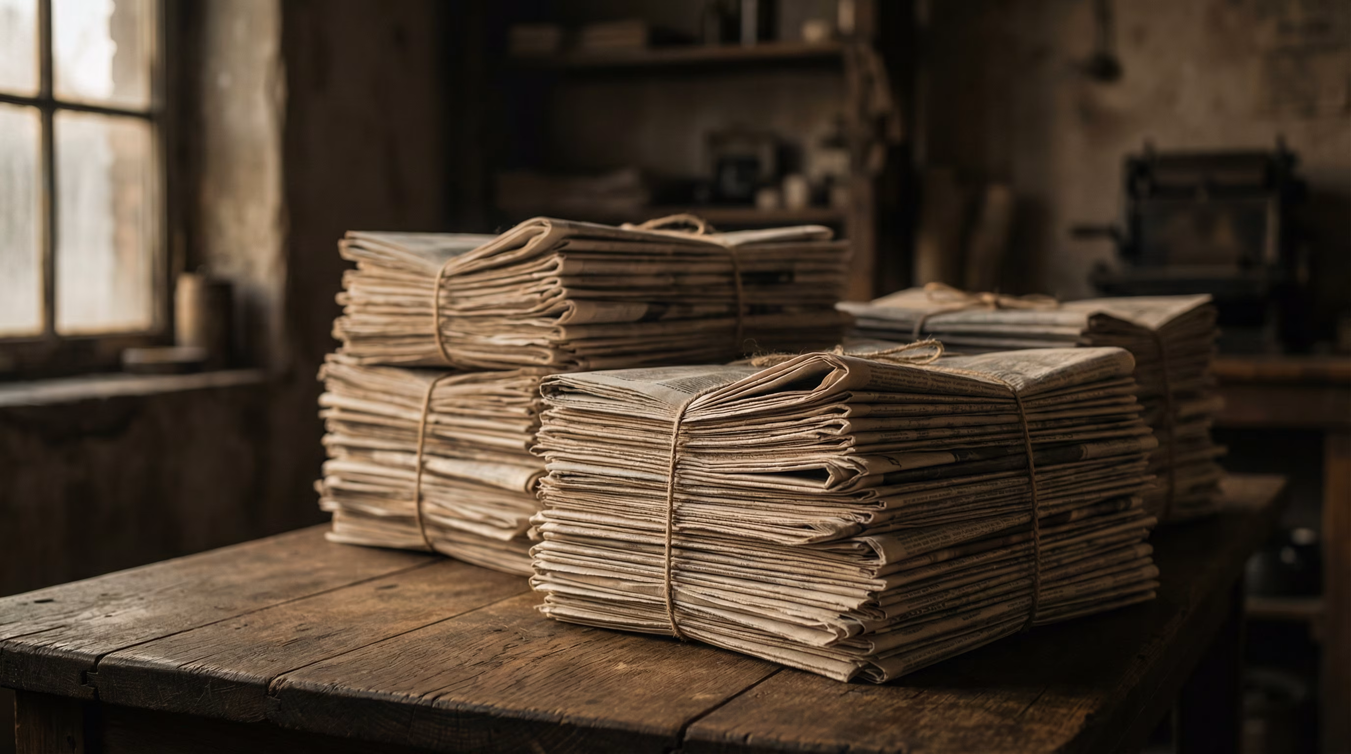 Two bundles of aged newspapers tied with string resting on a wooden table.