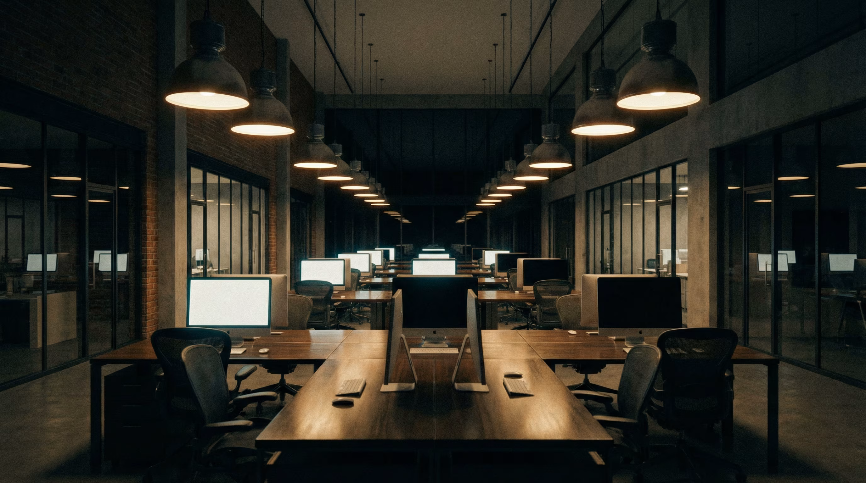 Dark open-plan office with rows of wooden desks, computers, and pendant lights.