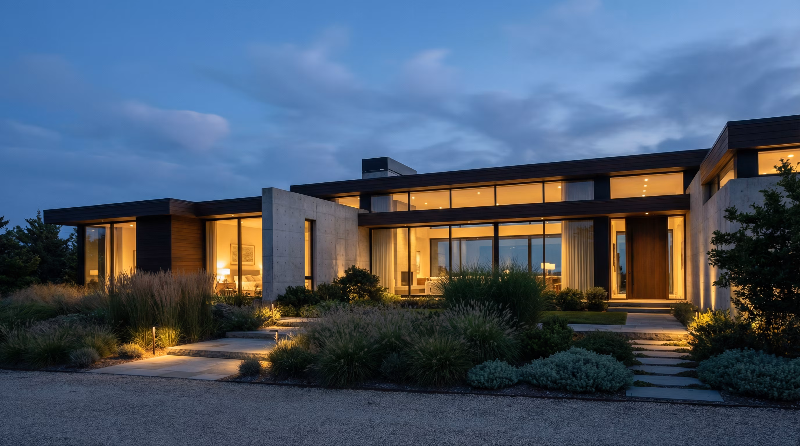 Modern single-story home with large windows and landscaped grounds photographed at twilight.